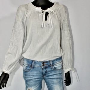 NWOT Silver-Gray Lucky Brand Peasant Top, LS W/Matching Embroidery Detail, S/P